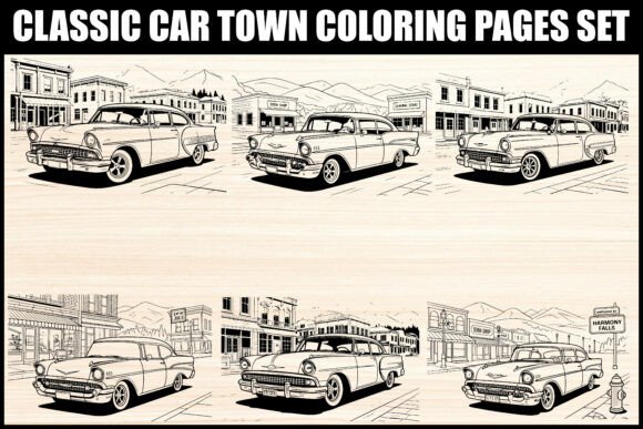 Classic Car Town Coloring Page Set for Local Branding